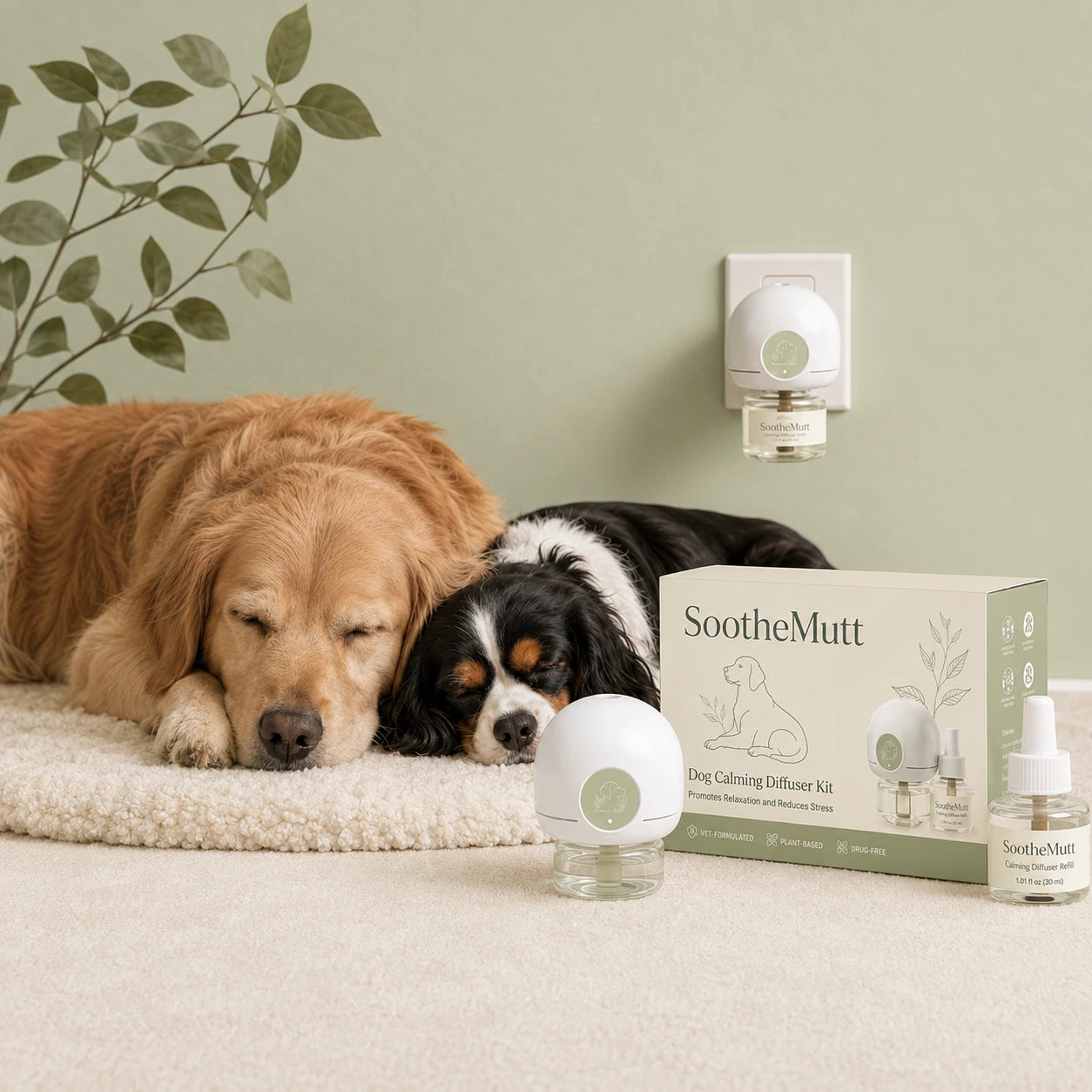 Woman holding a SootheMutt calming diffuser beside a relaxed dog