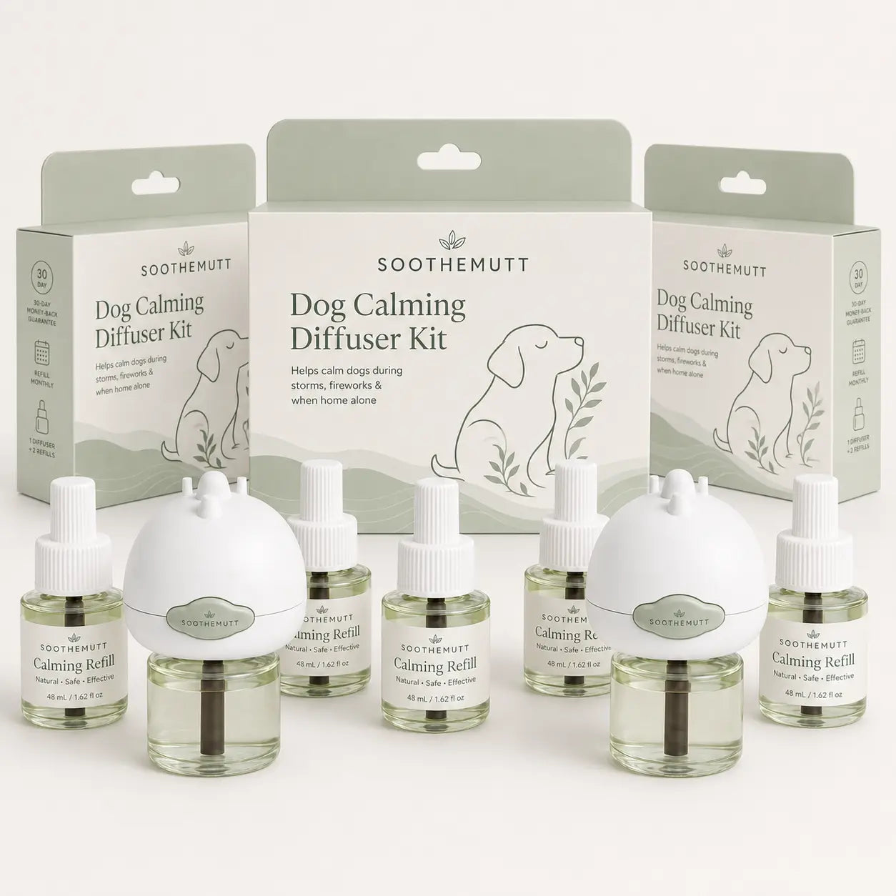 Woman holding a SootheMutt calming diffuser beside a relaxed dog