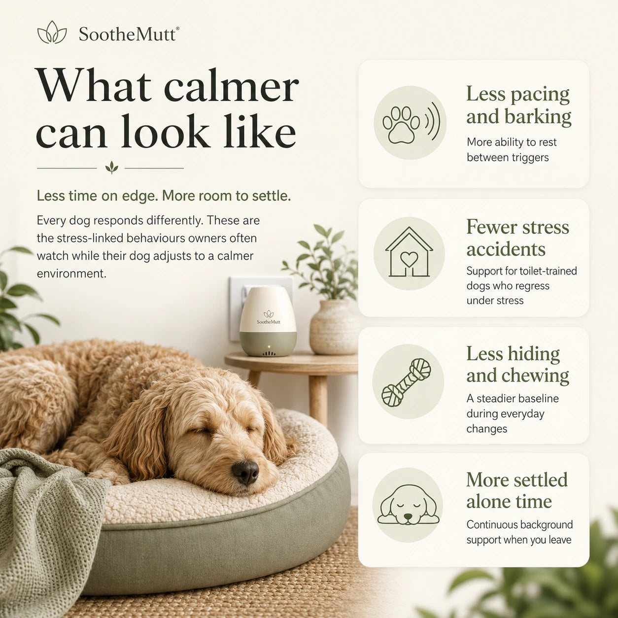 Woman holding a SootheMutt calming diffuser beside a relaxed dog