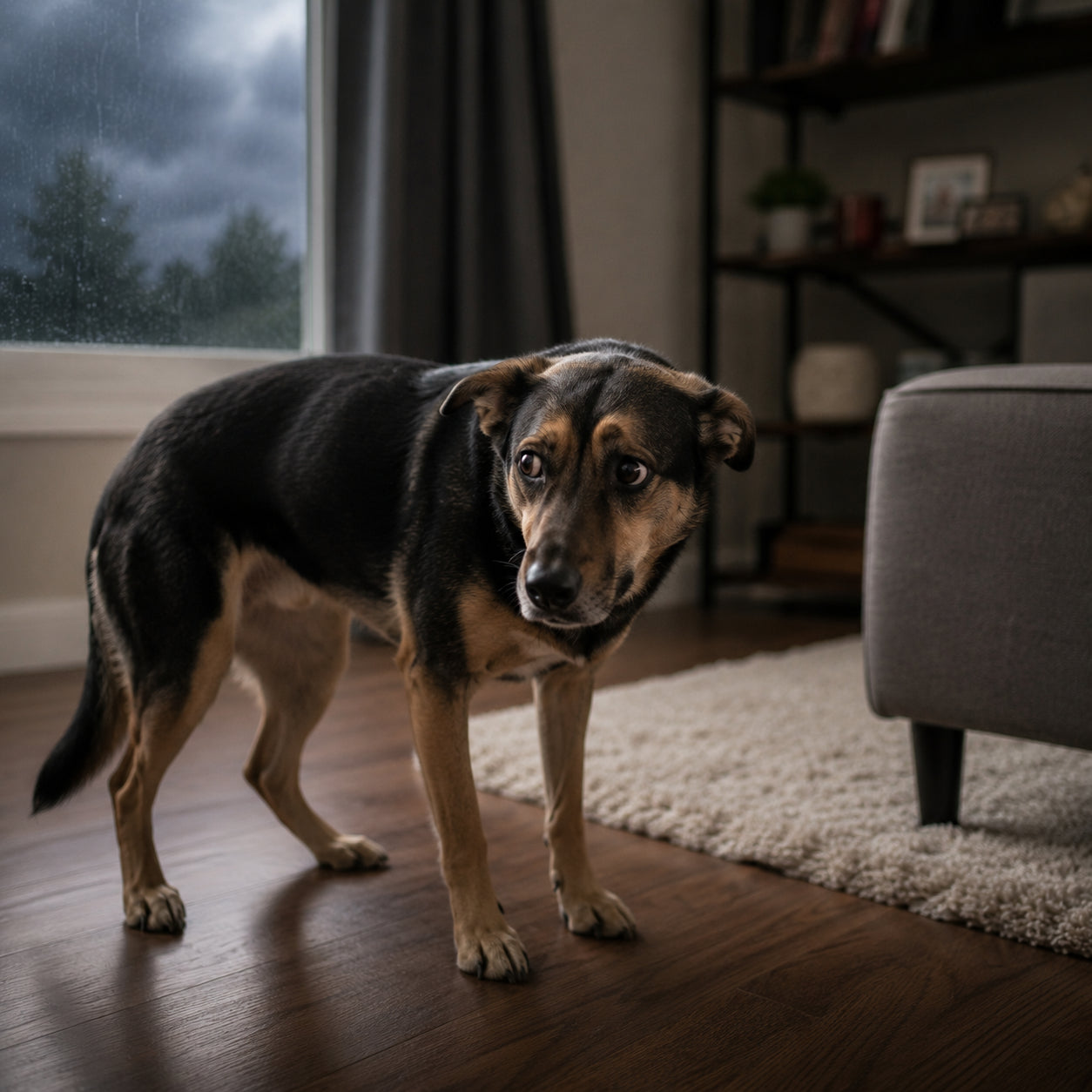 Woman holding a SootheMutt calming diffuser beside a relaxed dog