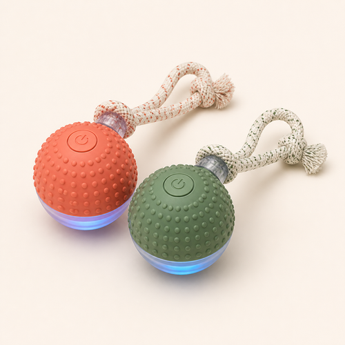 Coral and green SootheMutt interactive moving dog balls with rope tails
